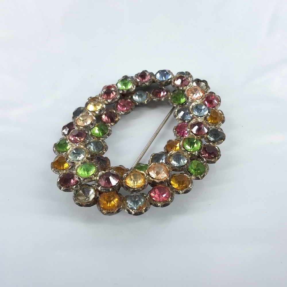 Vintage‎ Multi Color Rhinestone Wreath Brooch Silver Tone Mid Century Pin 2"
